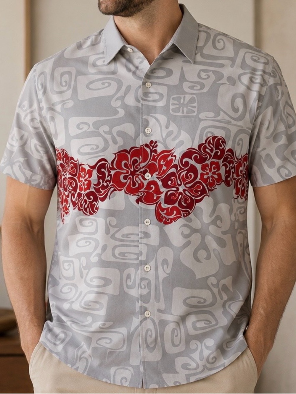 ODO shirt Mens XL Grey Red Hibiscus Tribal Print Short Sleeve Button Down